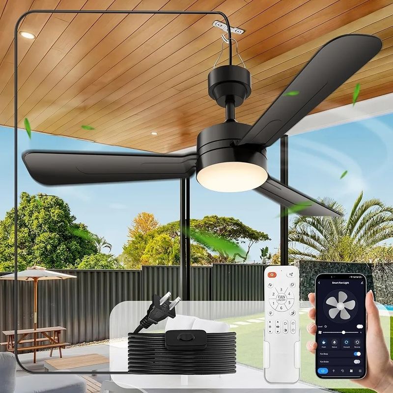 Fenty sufitowe z lampami,36&quot; LED Fan Light Hanging with Hook,Hook Type Ceiling Fan,Plug in Ceiling Fan Light,40W,3000-6500k,Remote Control,Portable Fan for Camping Bed,Patios,(Czarny)N DFFFFFN`